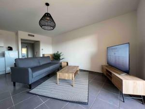 a living room with a couch and a table and a tv at App Le Golf T3 terrasse wifi pkg in Béziers