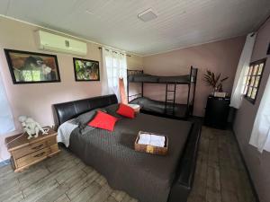 a bedroom with a black bed and a bunk bed at Monkey Lodge Panama in Chilibre
