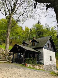 uma casa branca com um telhado preto em dom pod jaworami em Sosnówka