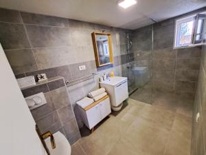 ein Badezimmer mit Toilette, Waschbecken und Dusche in der Unterkunft Apartments Ivanka in Supetar + 37 Fotos