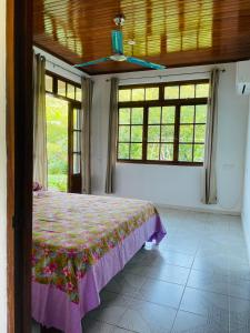 ein Schlafzimmer mit einem Bett in einem Zimmer mit Fenstern in der Unterkunft Villa Ura in Uturoa