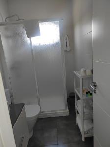 y baño blanco con ducha y aseo. en Apartamentos en Leis Muxia en Leis