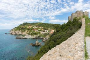 a castle on a hill next to the ocean at Talamone Apartment in Talamone