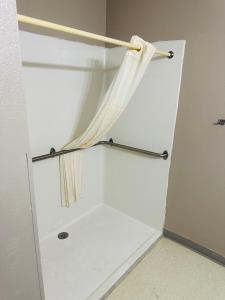 a closet with a curtain hanging on a door at Arlington Inn in Arlington