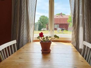 un pot de fleurs assis sur une table devant une fenêtre dans l'établissement Holiday home MOLKOM, à Molkom