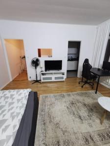 a living room with a bed and a television at Studio in Malmö