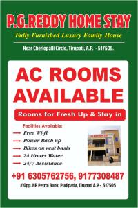 a flyer for a ac roomaleracistacistacist at P. G. REDDY HOME STAY in Tirupati