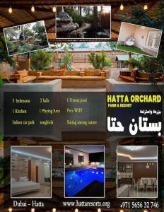 eine Collage mit Bildern eines Hauses mit Pool in der Unterkunft Hatta Orchard in Hatta