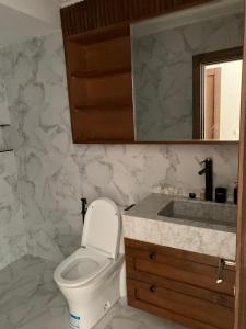 a bathroom with a toilet and a sink and a mirror at Appart haut standing in Agadir