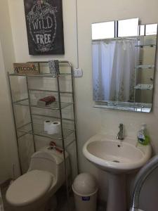 La salle de bains est pourvue d'un lavabo, de toilettes et d'un miroir. dans l'établissement Sta Catalina / San Isidro , Furnished Family Home, à Lima