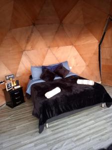 a bedroom with a bed with two cats on it at Glamping Entre Nubes in Zipacón