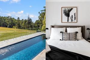 a bedroom with a bed next to a swimming pool at Woodstock Retreat Milton in Milton