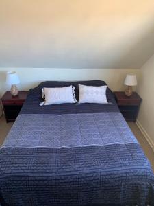 1 dormitorio con 1 cama azul y 2 mesitas de noche en De la Ribera Pelantaro, en Valdivia