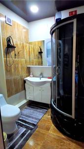 ein Bad mit einer Dusche, einem WC und einem Waschbecken in der Unterkunft Apartment with panoramic view in the center in Bischkek
