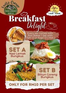 a flyer for a breakfast delight restaurant with a picture of food at Lovita Hotel Kuantan in Kuantan