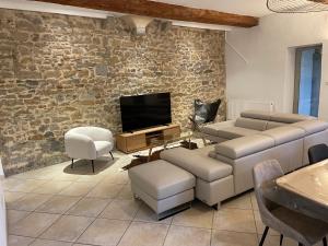 a living room with a couch and a tv at Beau Duplex avec jardin et vue in Lyon