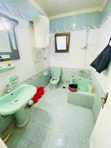 een badkamer met een wastafel, een toilet en een bad bij شاليه ٥٣ in Dawwār Ḩalīs