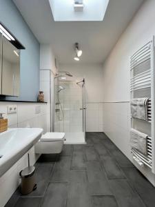 ein Bad mit einer Dusche, einem WC und einem Waschbecken in der Unterkunft COAST HOUSE Seaside Loft in Bremerhaven