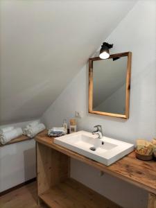 ein Badezimmer mit einem weißen Waschbecken und einem Spiegel in der Unterkunft AlBy&B in Arnoldstein