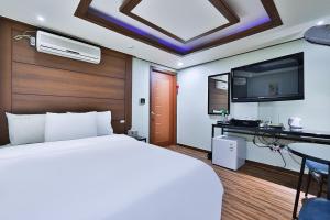 ein Hotelzimmer mit einem Bett und einem Flachbild-TV in der Unterkunft Picasso Motel in Seoul