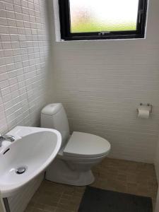 a bathroom with a toilet and a sink and a window at House close to the city in Copenhagen