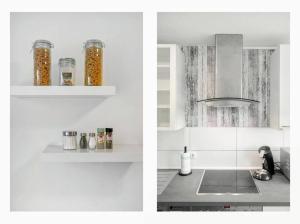 two pictures of a kitchen with a sink and a stove at Top Equipped Netflix WLAN Landschaftspark in Duisburg +14 photos