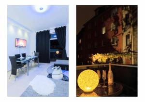 two pictures of a living room and a dining room at Top Ausstattung Netflix WLAN CentrO OLGA-Park in Oberhausen