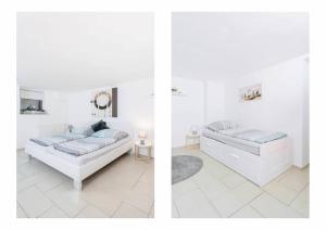 two images of a white room with two beds at Top Ausstattung Netflix WLAN CentrO OLGA-Park in Oberhausen