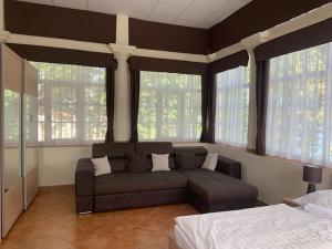 a living room with a couch in a room with windows at BF Hotel in Balatonföldvár