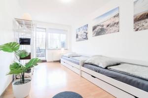 a white room with a bed and a potted plant at Top Ausstattung Netflix WLAN Landschaftspark in Duisburg