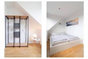 2 Bilder eines Schlafzimmers mit einem Bett und einer Treppe in der Unterkunft Top Equipped Netflix WLAN CentrO OLGA-Park in Oberhausen