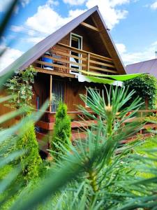 a house with a balcony and some plants at Domki w Bieszczadach in Solina