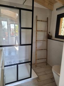 a bathroom with a toilet and a glass door at Loft 40m2 avec terrasse pilotis in Fréjus