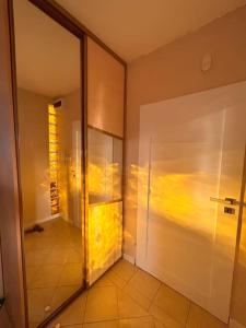 bagno con porta in vetro e cabina doccia di Przestronny apartament a Danzica