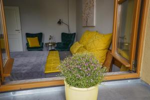 uma sala de estar com um sofá e um vaso de plantas em Abendsonne em Naumburg
