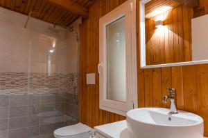 y baño con lavabo, aseo y ducha. en Chalet Alessandrini - Private Lakeside Beach, en Tenna 