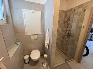 uma casa de banho com um WC e um chuveiro em Bez7 Apartman em Budapeste