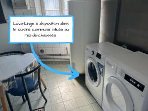 eine Waschmaschine in einer Küche mit einem Schild daneben in der Unterkunft La Pause Voyage in Bourbourg