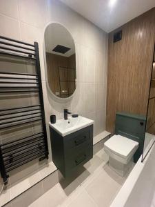 Un baño con inodoro, lavabo y espejo. en Churchview Apartments, en Seaham