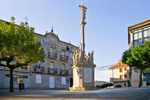 a statue in the middle of a street in front of a building at Apartamentos Villa Maceira in Covelo