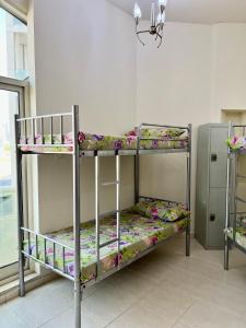 um quarto com 2 beliches num quarto em Robin Hostel Dubai em Dubai