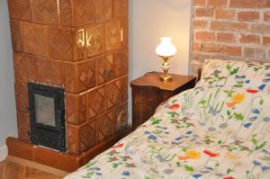 sypialnia z łóżkiem i kominkiem w obiekcie Krakowsky Apartment w Krakowie