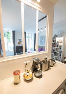 eine Küche mit einer Theke mit einem Toaster und einer Mikrowelle in der Unterkunft Studio Tarbes Marcadieu in Tarbes