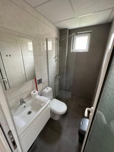 a bathroom with a white toilet and a sink at Villa Stefanoski in Konsko