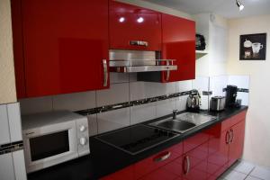 a red kitchen with a sink and a microwave at B&M Apartment in Zierenberg +5 photos