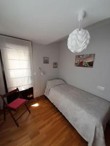 1 dormitorio con 1 cama y luz colgante en Apto Usarena Ezcaray, en Zorraquín