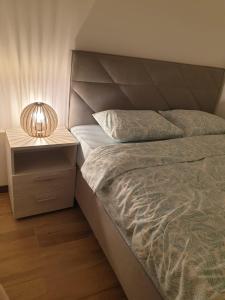 a bedroom with a bed and a nightstand with a lamp at Apartman Borovi Divčibare in Divčibare