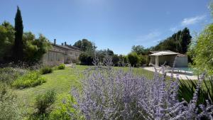 un jardín con flores púrpuras frente a un edificio en Mas Millésime - Gîtes Carignan - 4 pers - piscine privative - St Remy de Provence, en Mas blanc des Alpilles