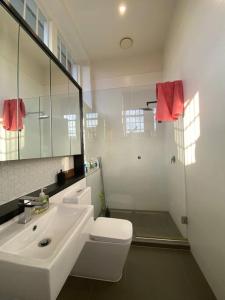 a bathroom with a sink and a toilet and a mirror at Beautiful Heritage 2Bed 2Bathrm in Melbourne