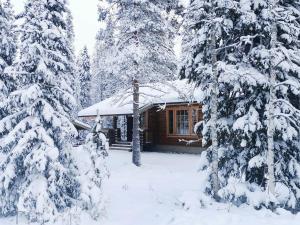 a cabin in the woods with snow covered trees at Uuvana in Syöte